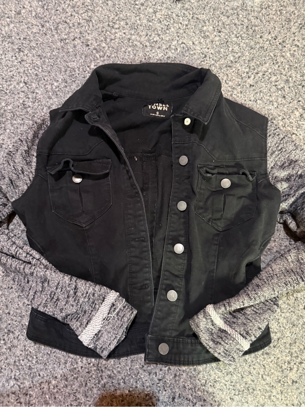 Tinseltown Black Denim Jacket with Knit Sleeves